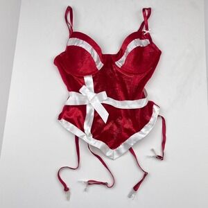 Y2K Velvet Bow Lingerie Corset‎ Bodice Dark Red Holiday Women's Size Medium